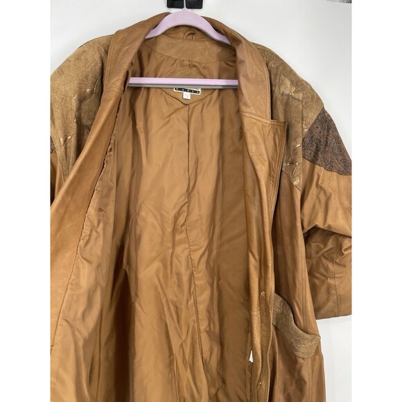 Vintage Diana Marco Leather Patchwork Brown Long Trench Boho Statement Jacket 22 - Picture 9 of 16